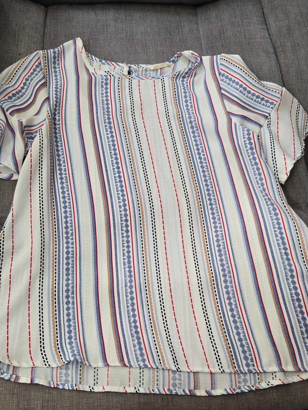 Women's Short Sleeve Striped Blouse - White with Blue & Red Stripes
